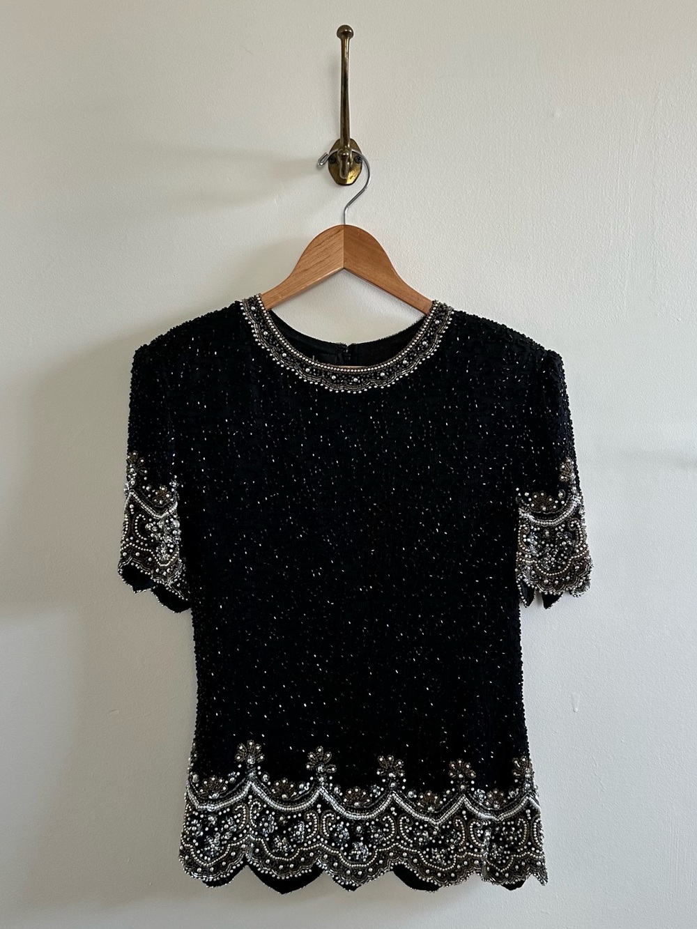 Beaded 100% silk blouse with scalloped hem and sleeves- L